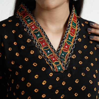 Black - Bandhani Tie-Dye Cotton A-Line Kurta