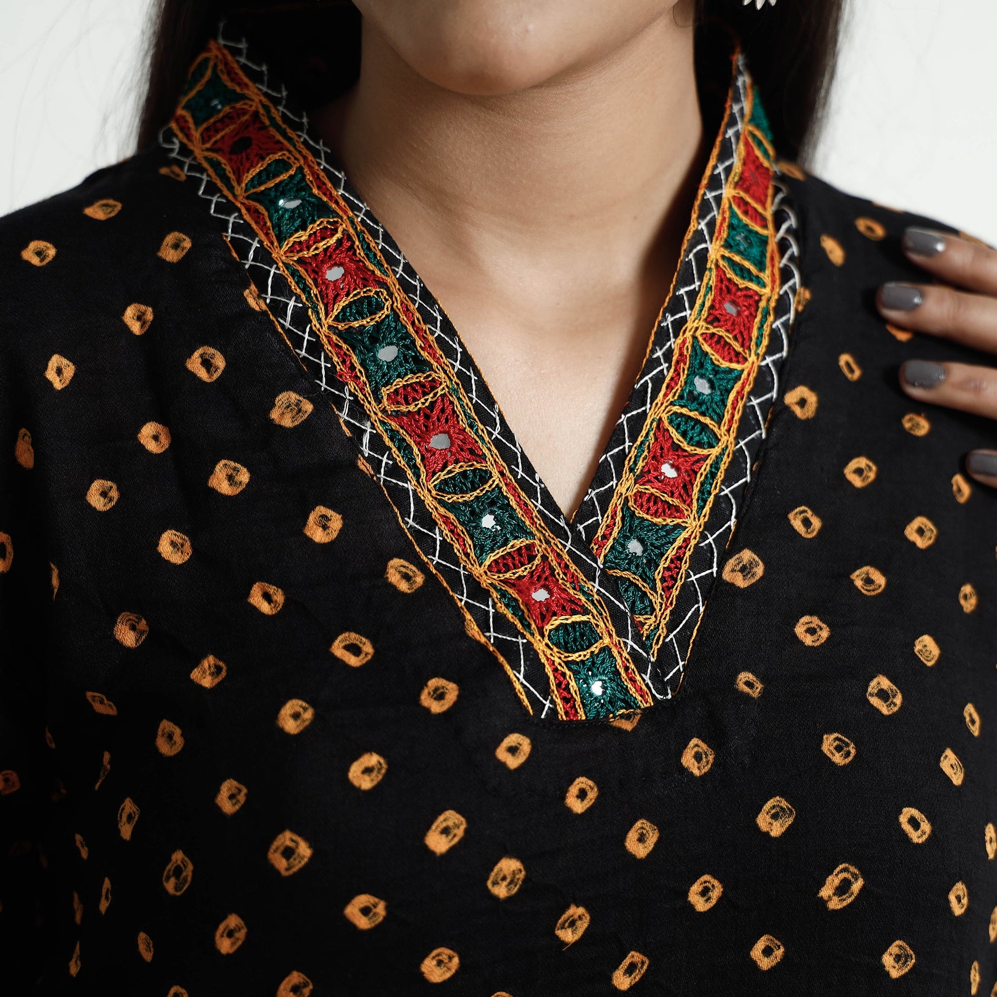 Black - Bandhani Tie-Dye Cotton A-Line Kurta