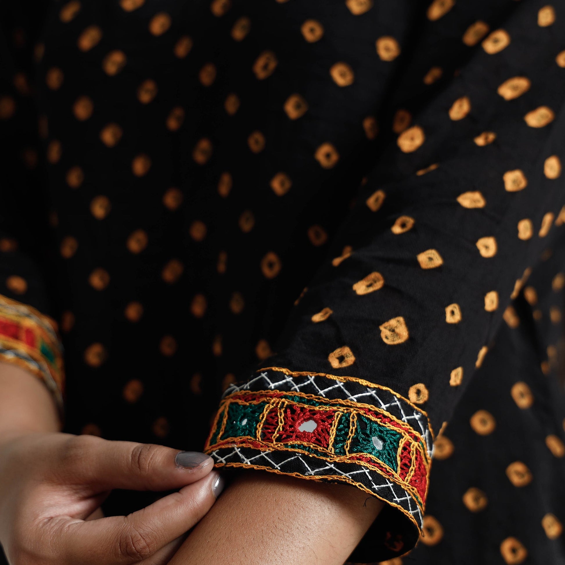 Black - Bandhani Tie-Dye Cotton A-Line Kurta