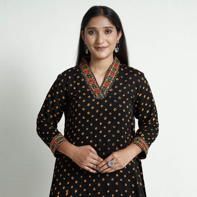 Black - Bandhani Tie-Dye Cotton A-Line Kurta