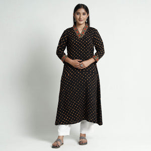 Black - Bandhani Tie-Dye Cotton A-Line Kurta