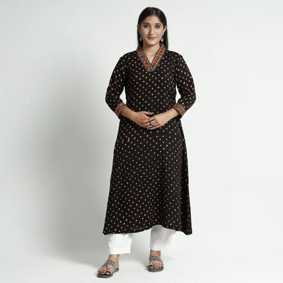 Black - Bandhani Tie-Dye Cotton A-Line Kurta