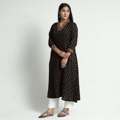 Black - Bandhani Tie-Dye Cotton A-Line Kurta