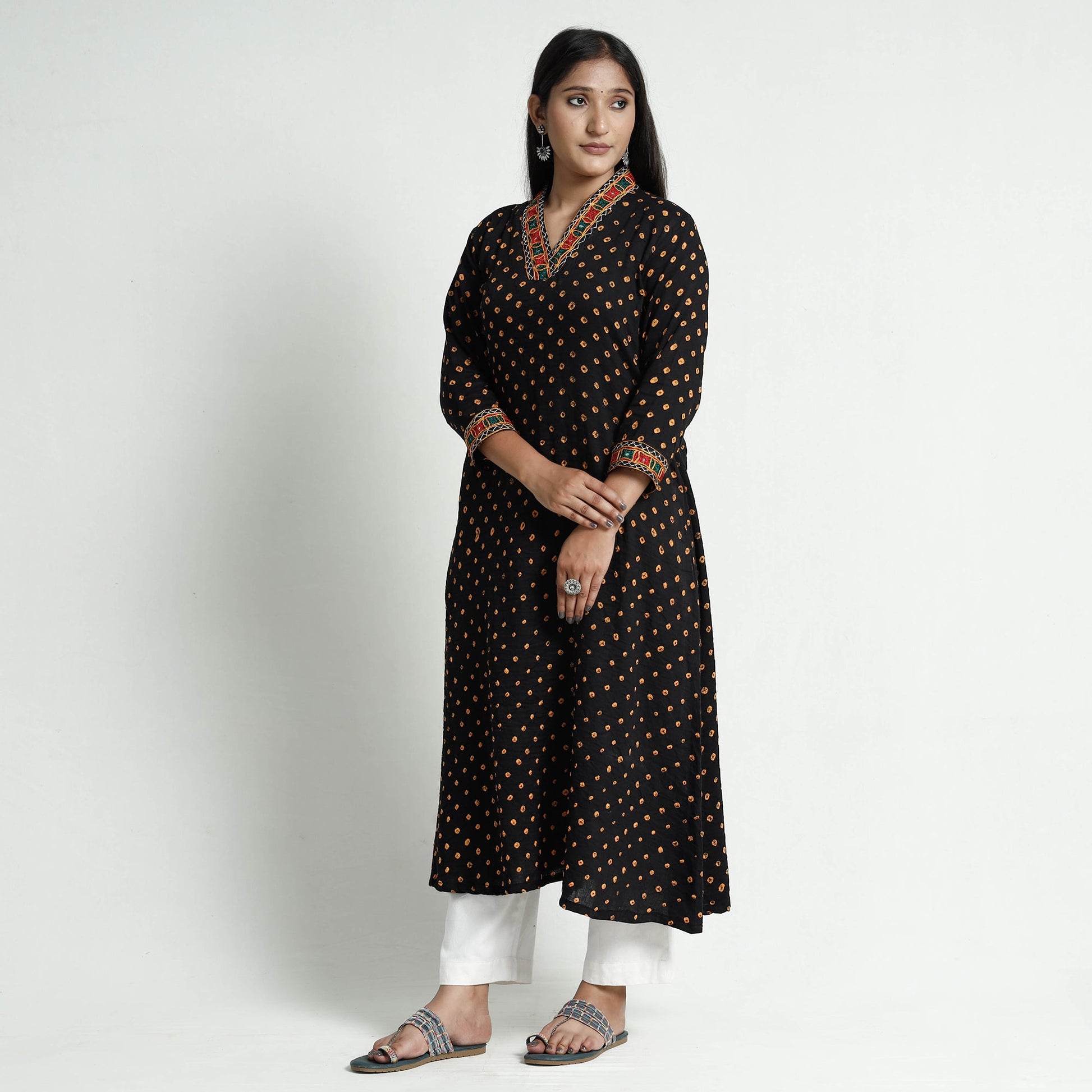 Black - Bandhani Tie-Dye Cotton A-Line Kurta