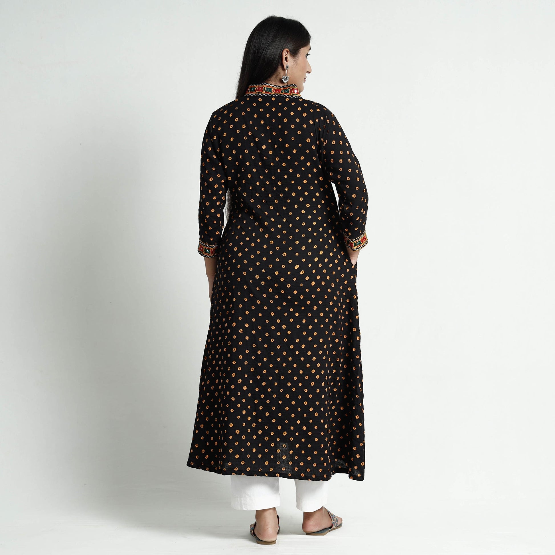 Black - Bandhani Tie-Dye Cotton A-Line Kurta