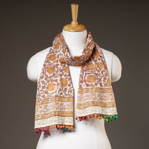 Brown - Sanganeri Block Print Cotton Stole with Pom Pom 11