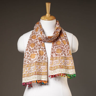 Brown - Sanganeri Block Print Cotton Stole with Pom Pom 11