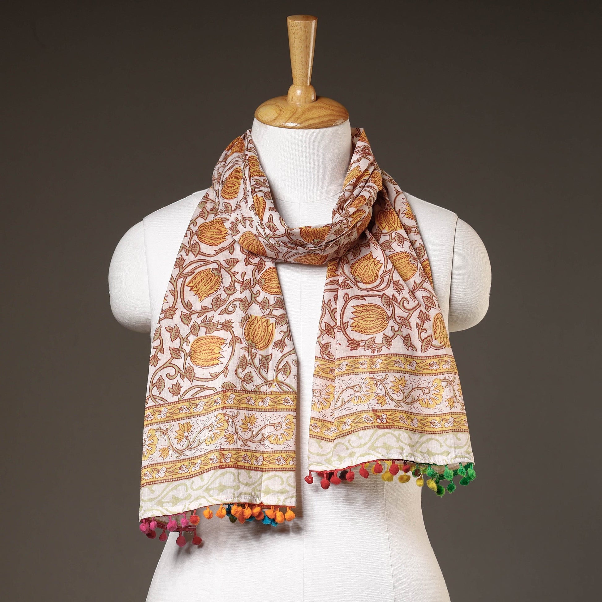 Brown - Sanganeri Block Print Cotton Stole with Pom Pom 11