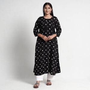 Black - Bandhani Tie-Dye Cotton A-Line Kurta