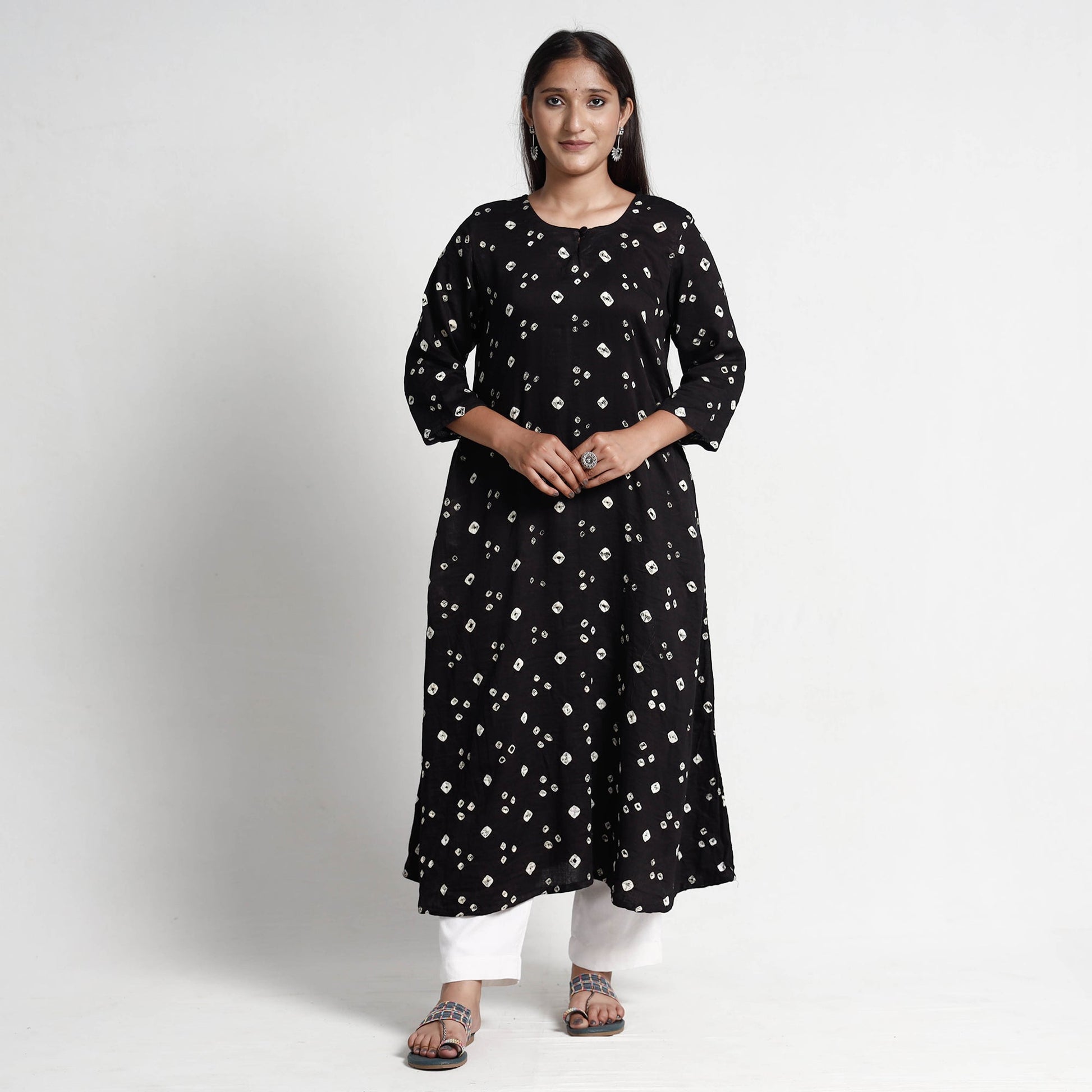 Black - Bandhani Tie-Dye Cotton A-Line Kurta