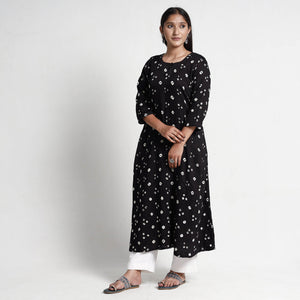 Black - Bandhani Tie-Dye Cotton A-Line Kurta
