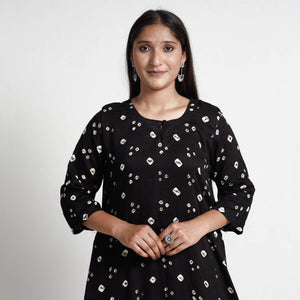 Black - Bandhani Tie-Dye Cotton A-Line Kurta