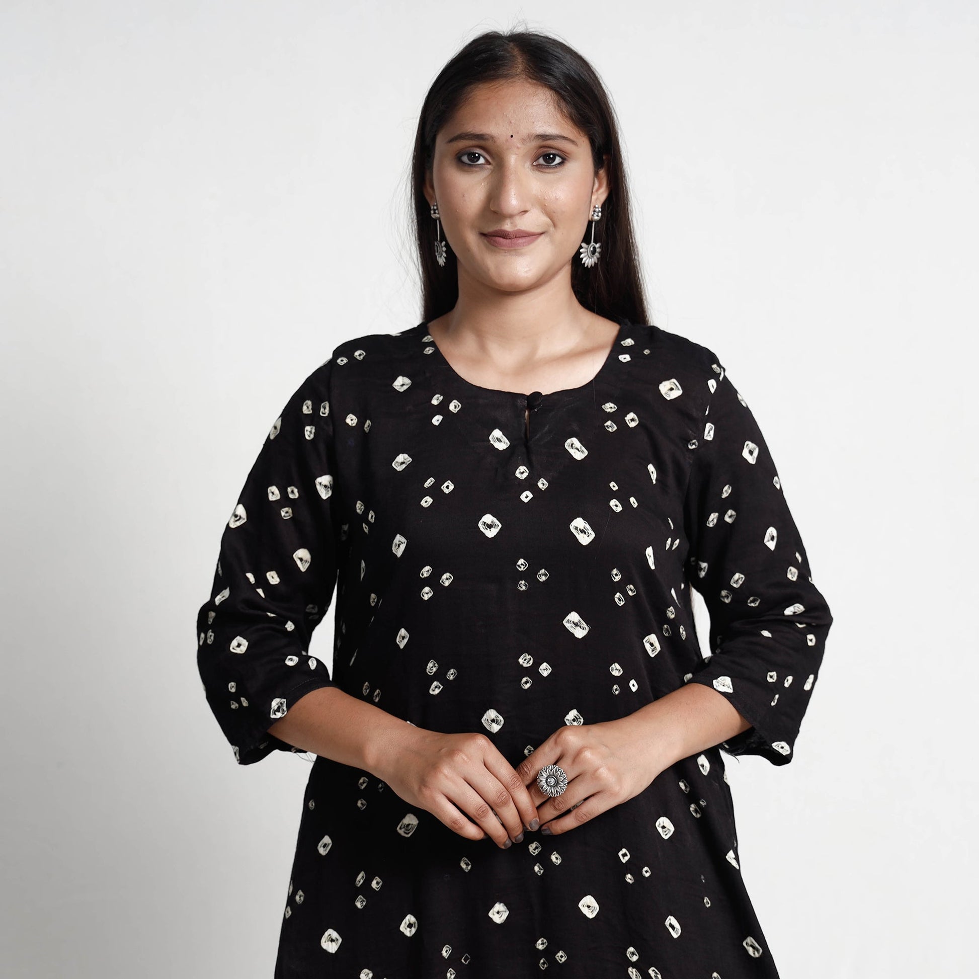 Black - Bandhani Tie-Dye Cotton A-Line Kurta
