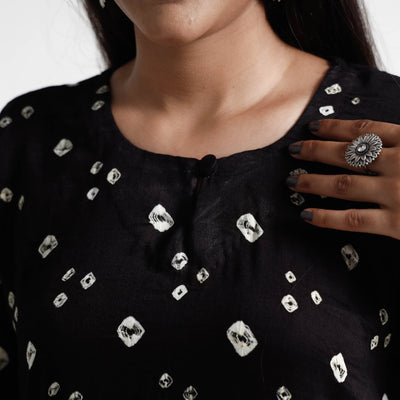 Black - Bandhani Tie-Dye Cotton A-Line Kurta