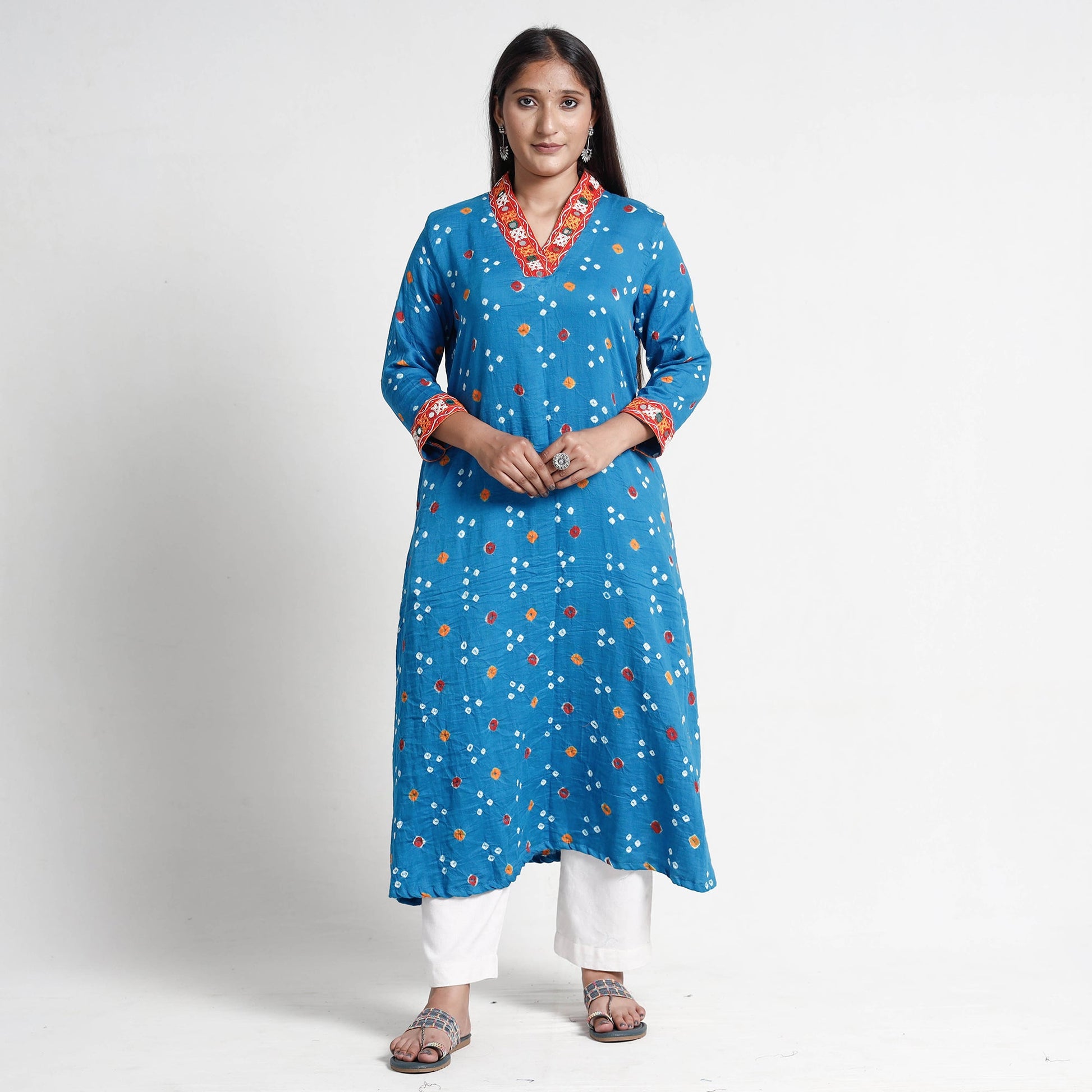 Blue - Bandhani Tie-Dye Cotton A-Line Kurta