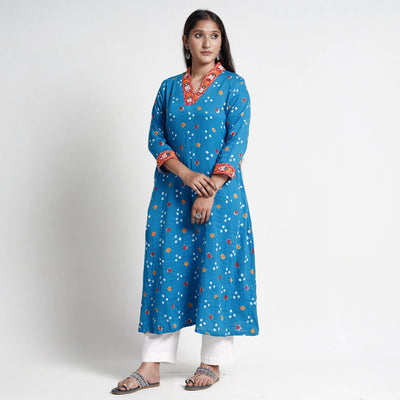 Blue - Bandhani Tie-Dye Cotton A-Line Kurta