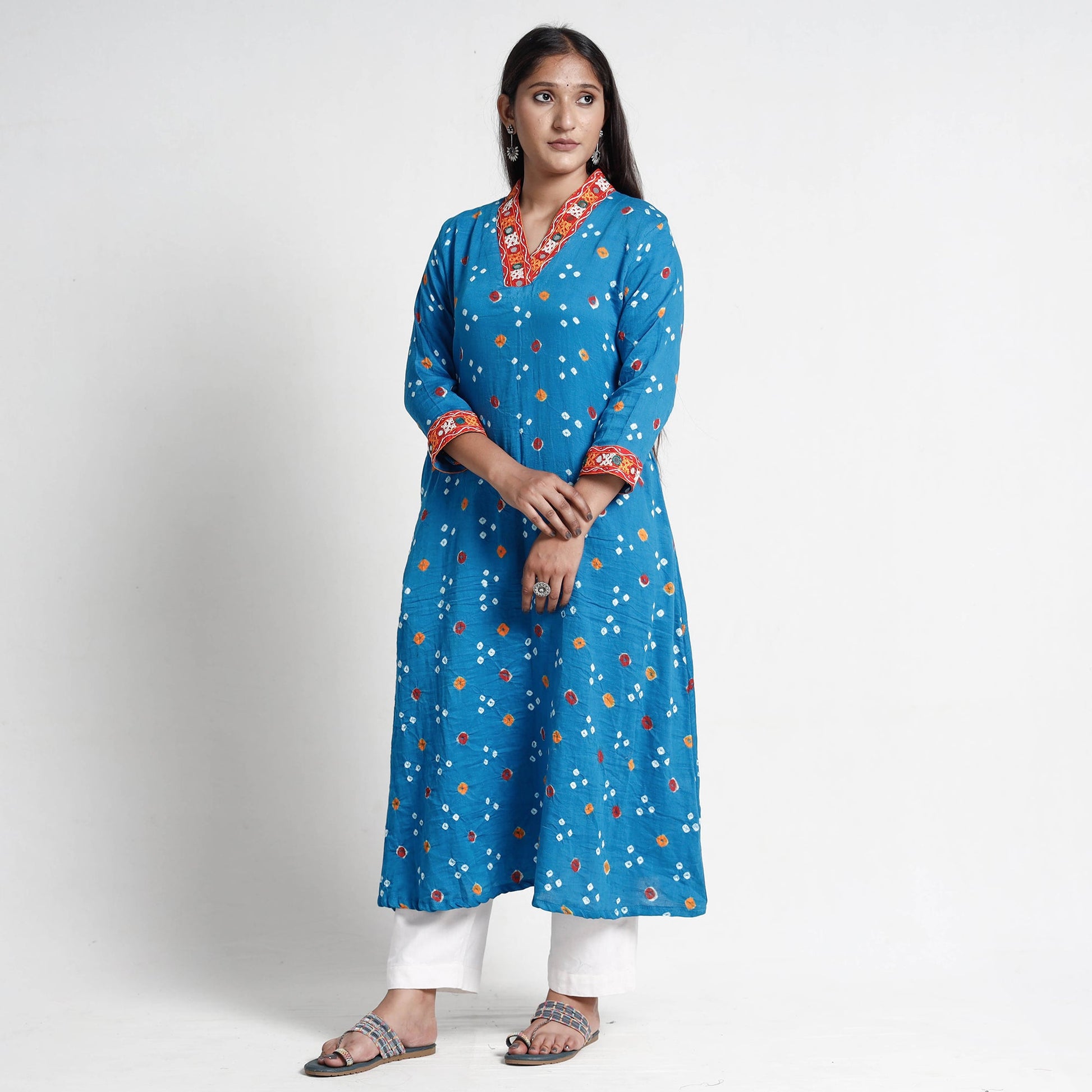 Blue - Bandhani Tie-Dye Cotton A-Line Kurta