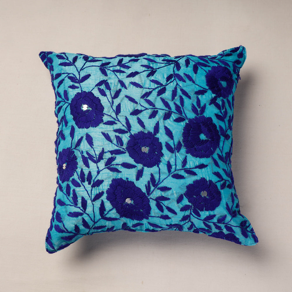 Blue - Chanderi Silk Phulkari Hand Embroidered Cushion Cover