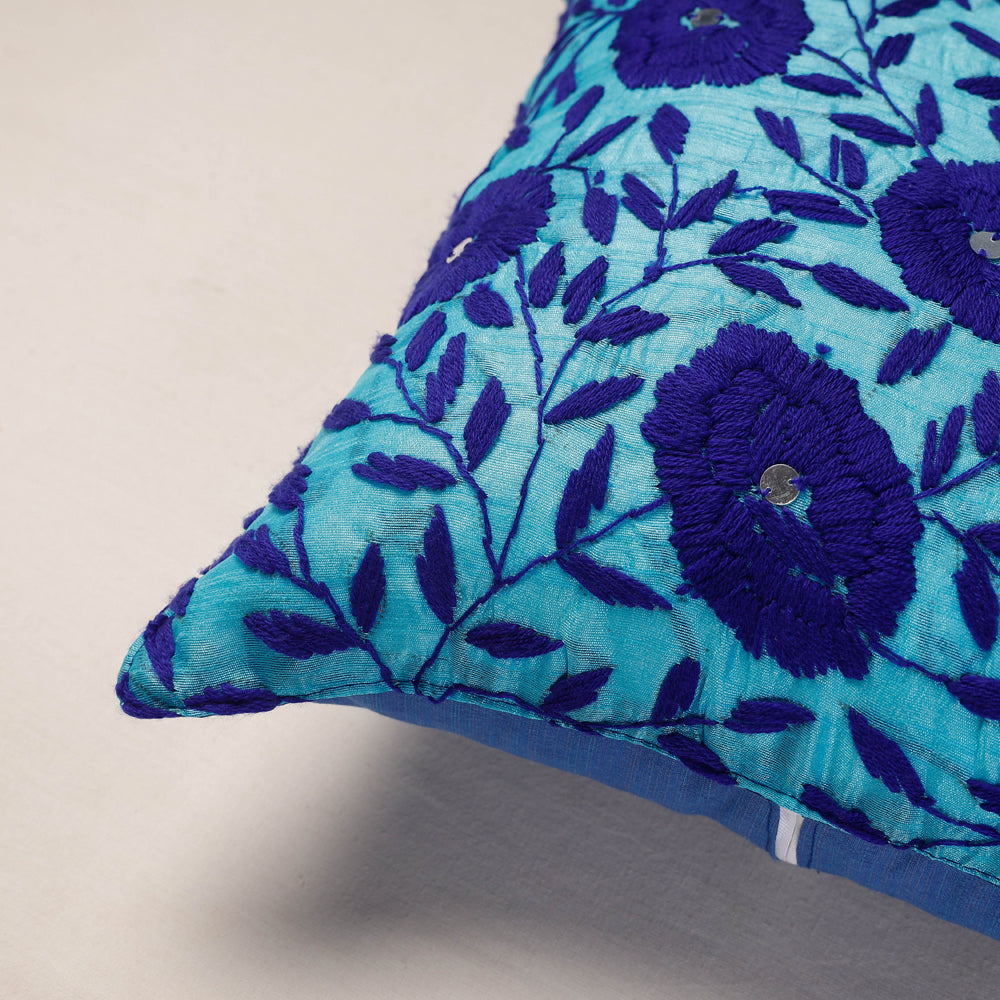 Blue - Chanderi Silk Phulkari Hand Embroidered Cushion Cover