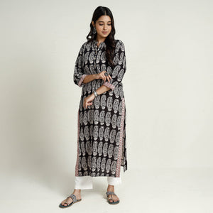 Black - Block Print Mul Cotton Straight Bagh Kurta