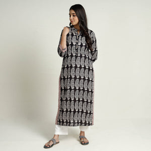 Black - Block Print Mul Cotton Straight Bagh Kurta