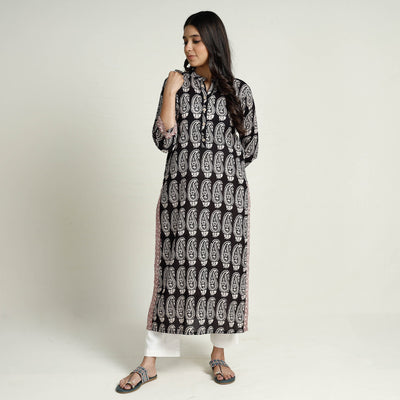 Black - Block Print Mul Cotton Straight Bagh Kurta