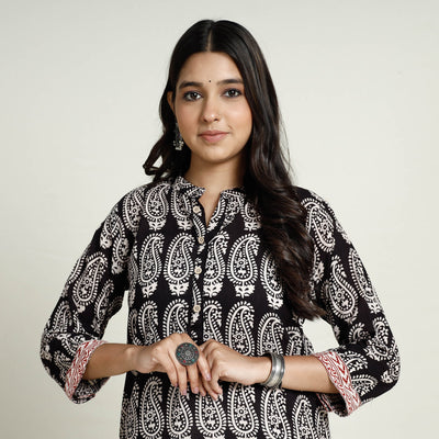 Black - Block Print Mul Cotton Straight Bagh Kurta