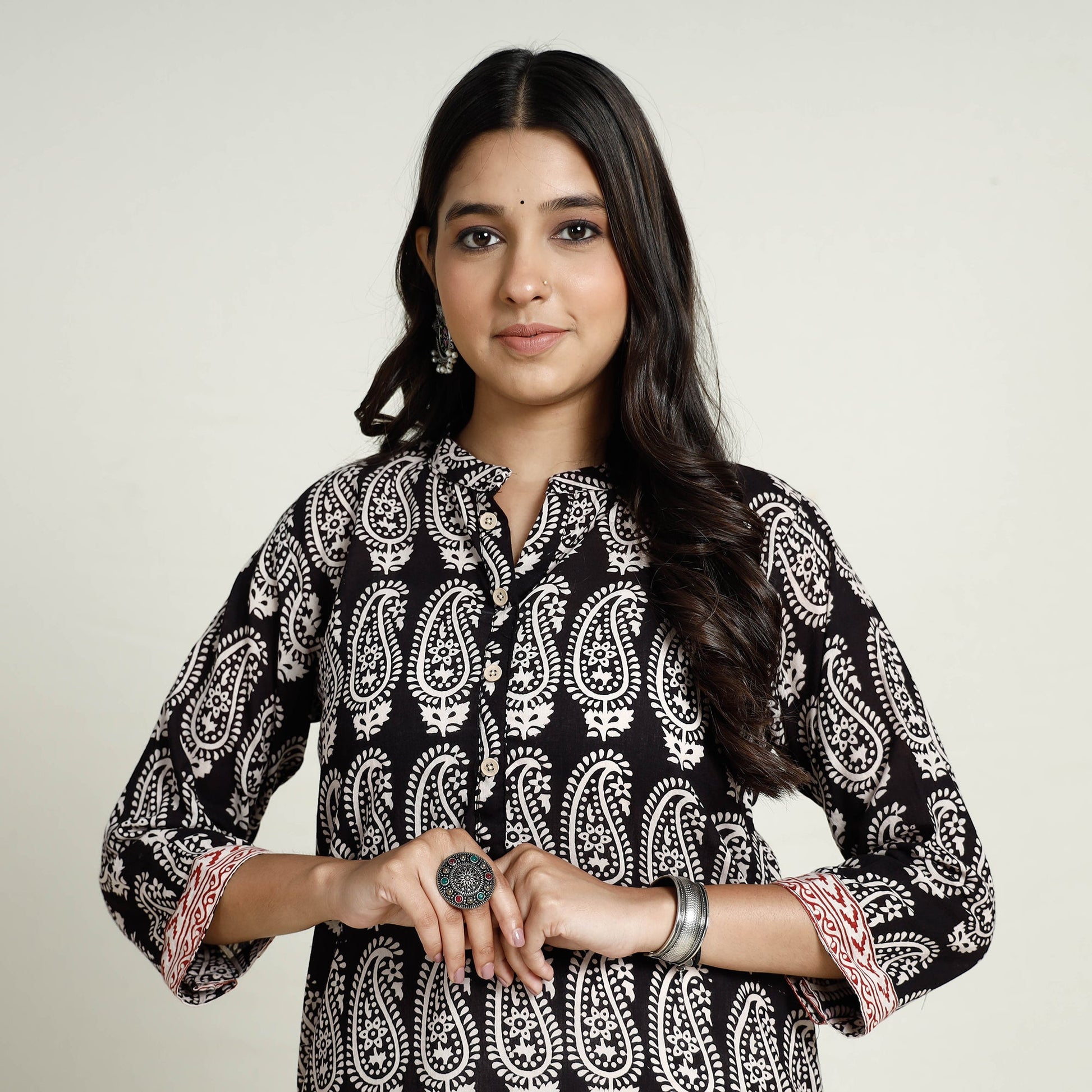Black - Block Print Mul Cotton Straight Bagh Kurta