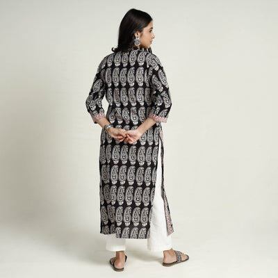 Black - Block Print Mul Cotton Straight Bagh Kurta