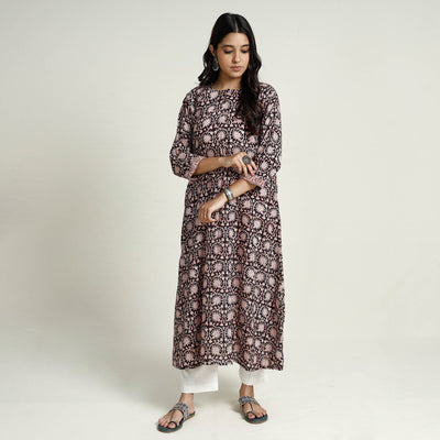 Black - Block Print Mul Cotton A-Line Bagh Kurta