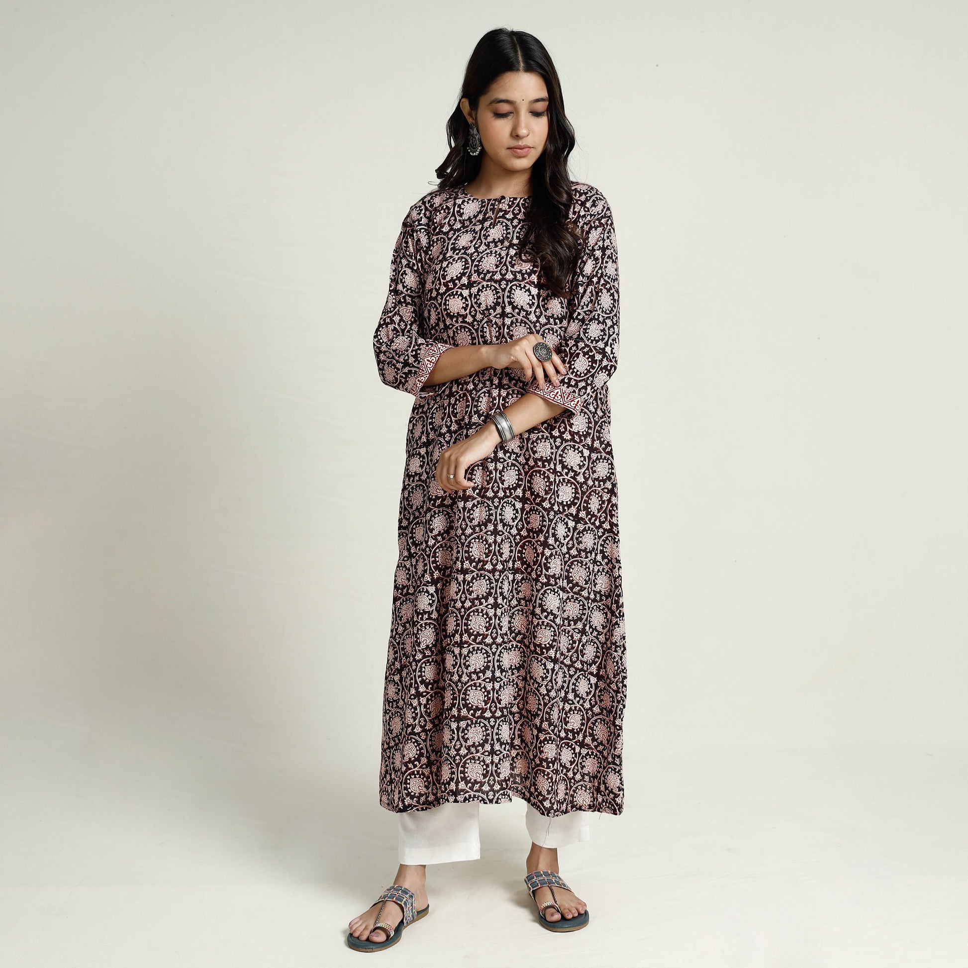 Black - Block Print Mul Cotton A-Line Bagh Kurta