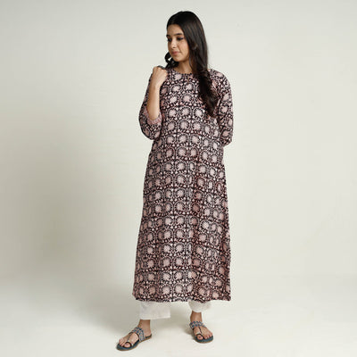 Black - Block Print Mul Cotton A-Line Bagh Kurta