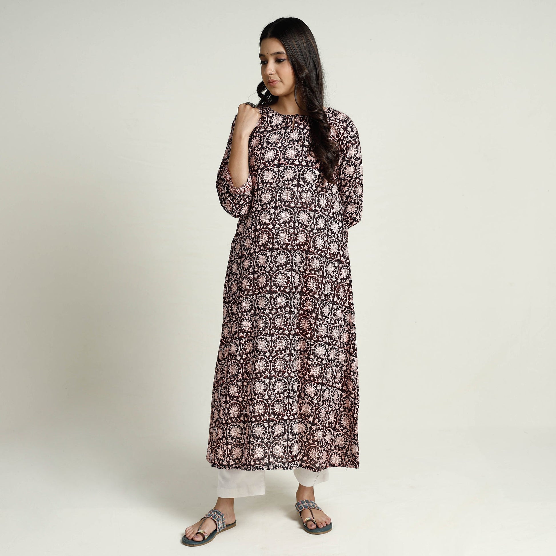Black - Block Print Mul Cotton A-Line Bagh Kurta