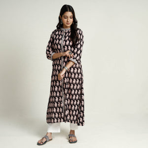 Black - Block Print Mul Cotton A-Line Bagh Kurta