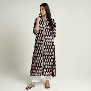 Black - Block Print Mul Cotton A-Line Bagh Kurta