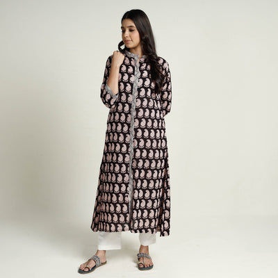 Black - Block Print Mul Cotton A-Line Bagh Kurta