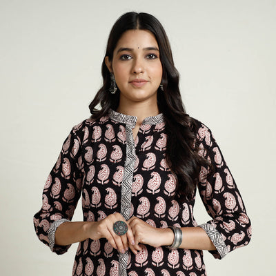 Black - Block Print Mul Cotton A-Line Bagh Kurta