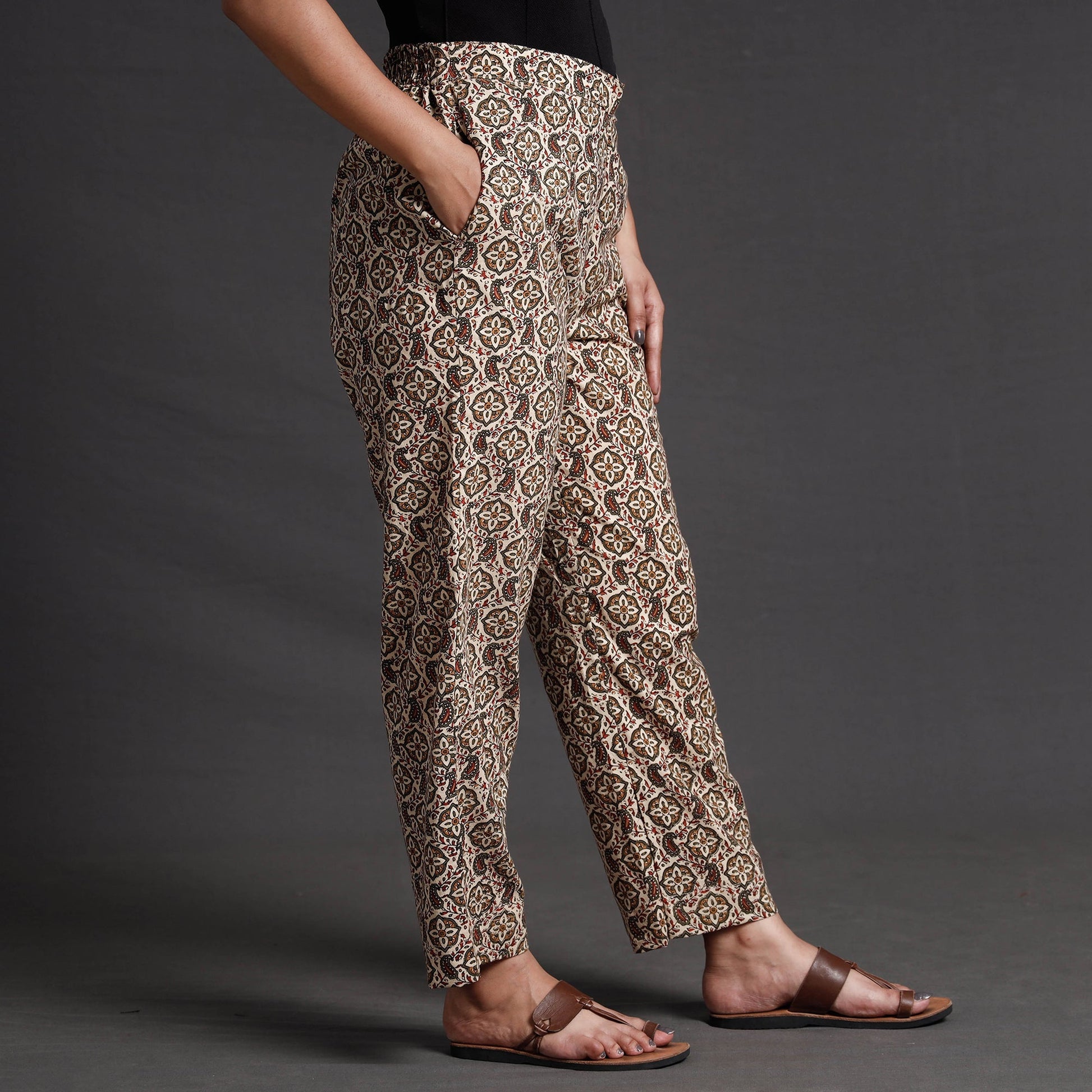 Brown - Sanganeri Block Printed Cotton Elasticated Palazzo