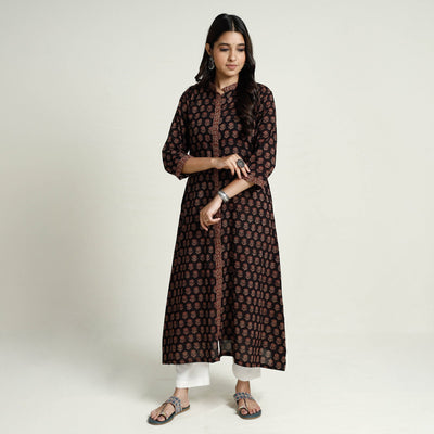 Black - Block Print Mul Cotton A-Line Bagh Kurta