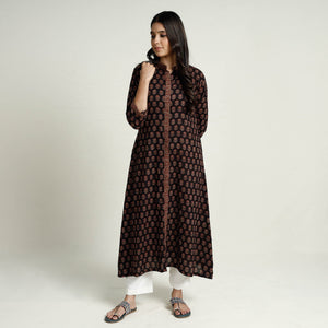 Black - Block Print Mul Cotton A-Line Bagh Kurta