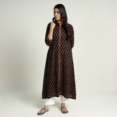 Black - Block Print Mul Cotton A-Line Bagh Kurta