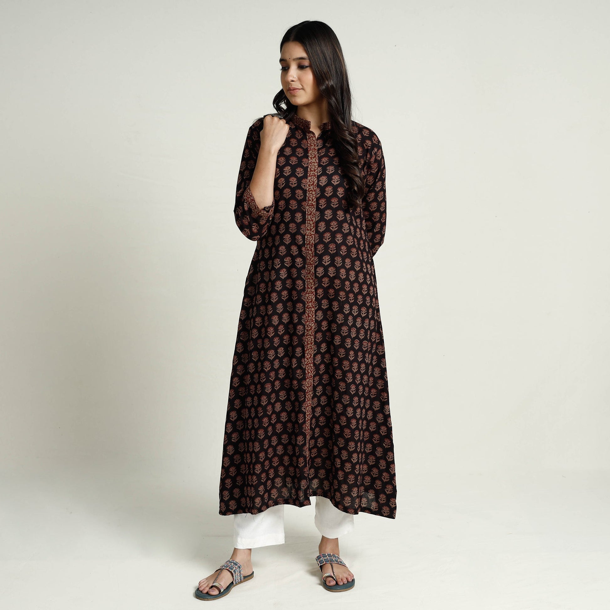 Black - Block Print Mul Cotton A-Line Bagh Kurta