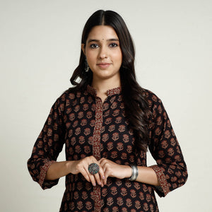 Black - Block Print Mul Cotton A-Line Bagh Kurta