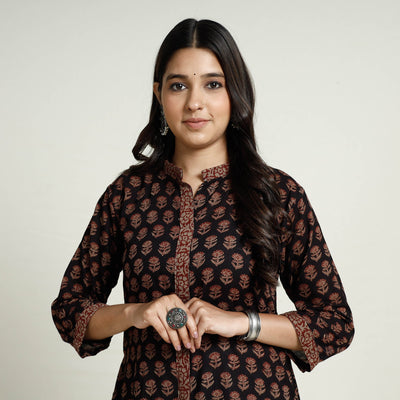Black - Block Print Mul Cotton A-Line Bagh Kurta