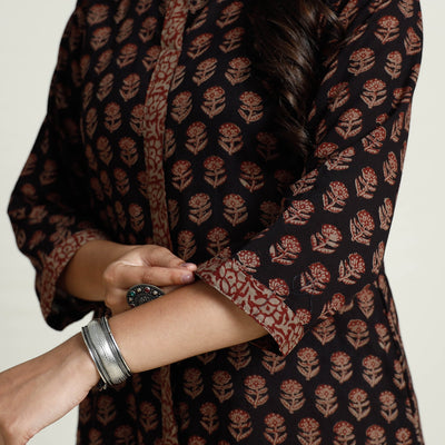 Black - Block Print Mul Cotton A-Line Bagh Kurta