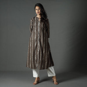 Brown - Pipad Block Printed Cotton A-Line Long Kurta