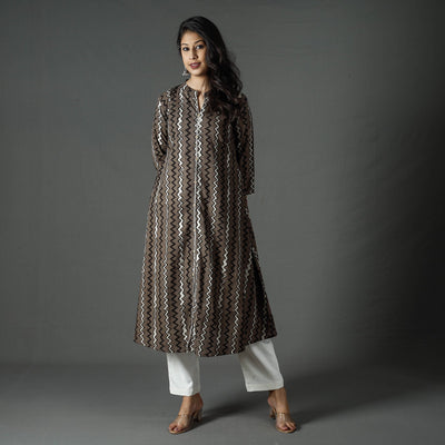 Brown - Pipad Block Printed Cotton A-Line Long Kurta