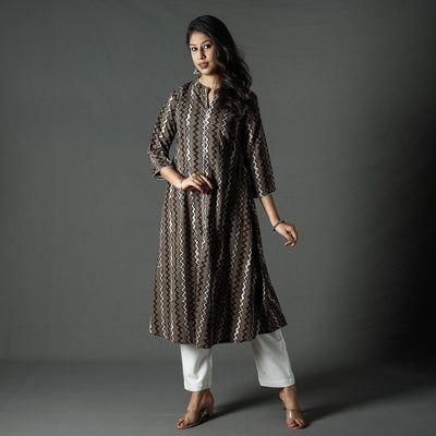 Brown - Pipad Block Printed Cotton A-Line Long Kurta