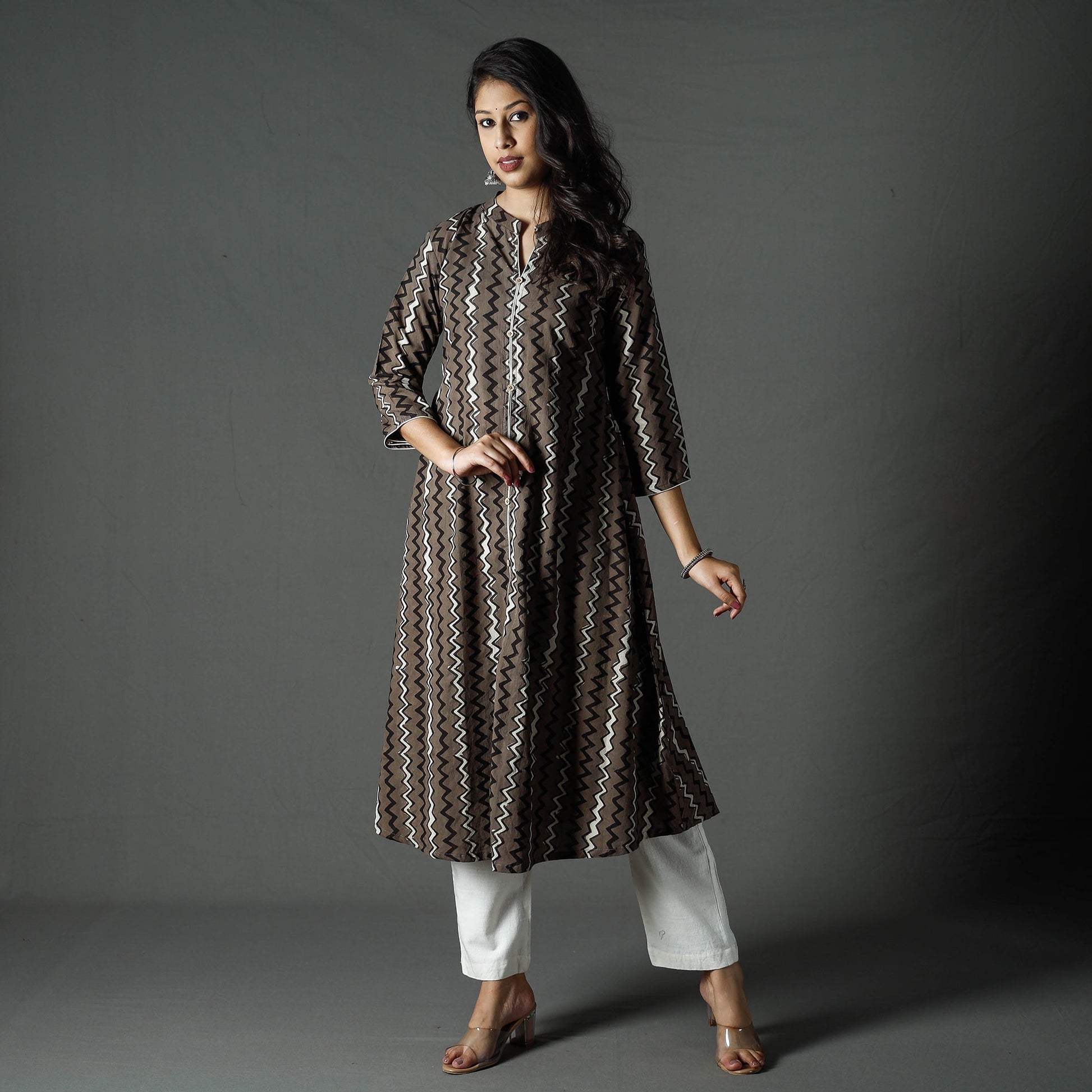 Brown - Pipad Block Printed Cotton A-Line Long Kurta