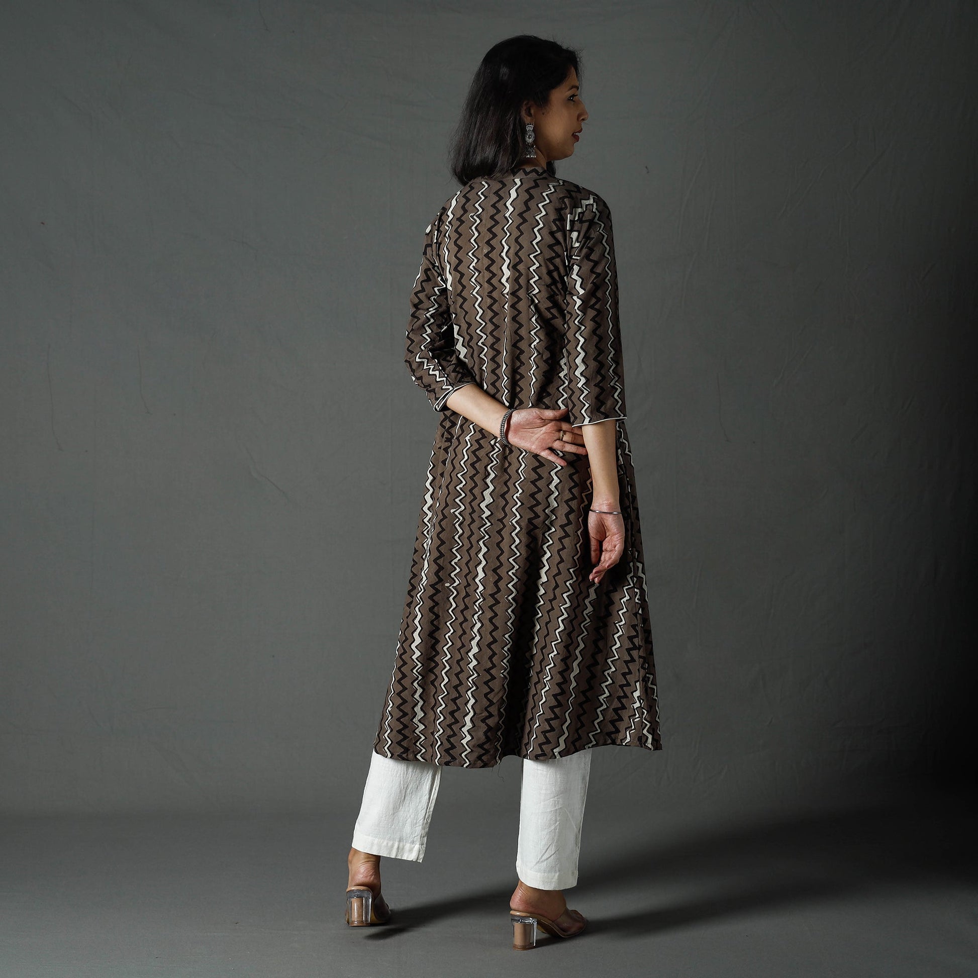 Brown - Pipad Block Printed Cotton A-Line Long Kurta